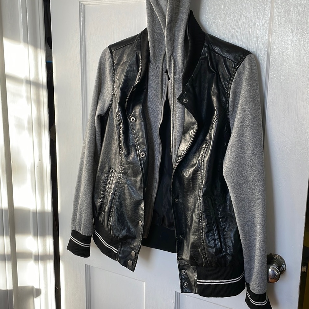 Joe Boxer Black Jacket M Faux Leather Hooded Sweater Combo Bomber Jacket
